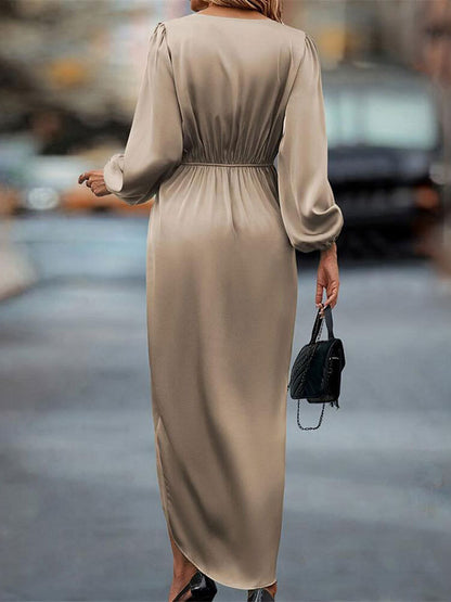 Loose Puff Sleeves Pleated Solid Color Split-Joint V-neck Midi Dresses