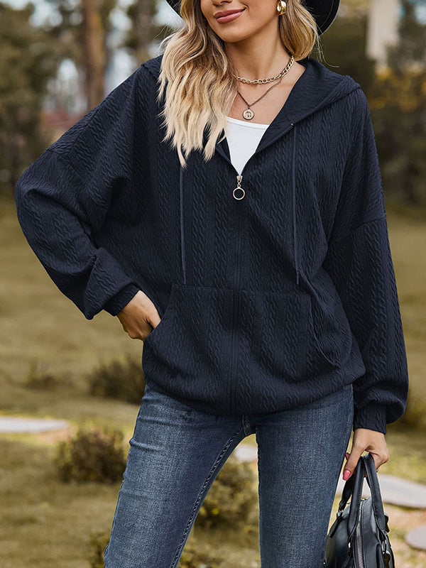 Long Sleeves Loose Drawstring Hooded Pockets Solid Color Zipper V-Neck Outerwear