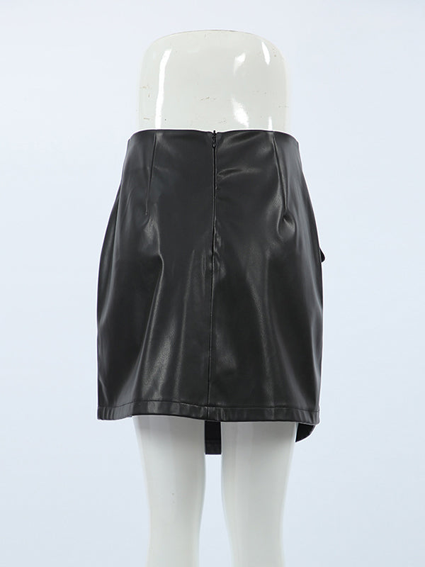 A-Line High Waisted Asymmetric Buttoned Solid Color Split-Joint Skirts Bottoms