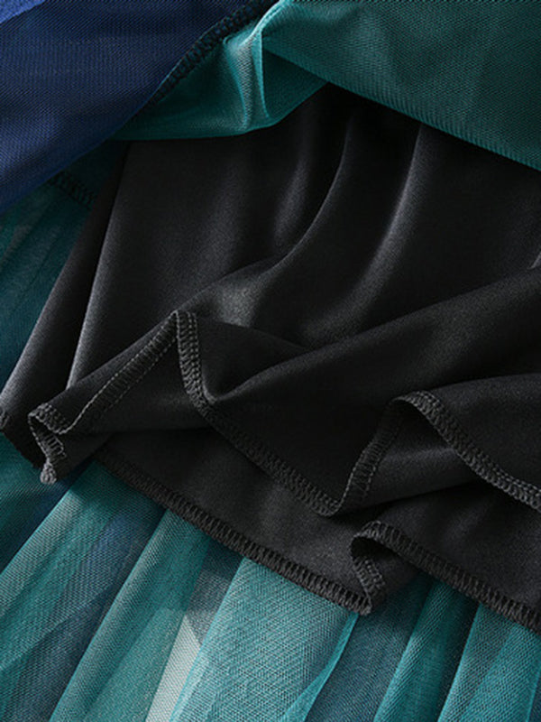 Urban Green Blue Contrast Color Irregular A-Line Gauze Skirts