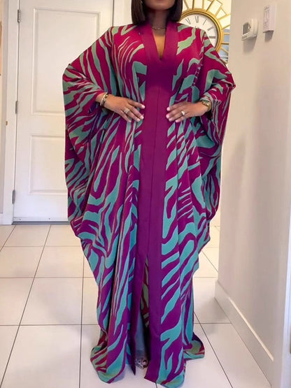 Batwing Sleeves Long Sleeves Contrast Color Printed Split-Front Split-Joint V-Neck Maxi Dresses