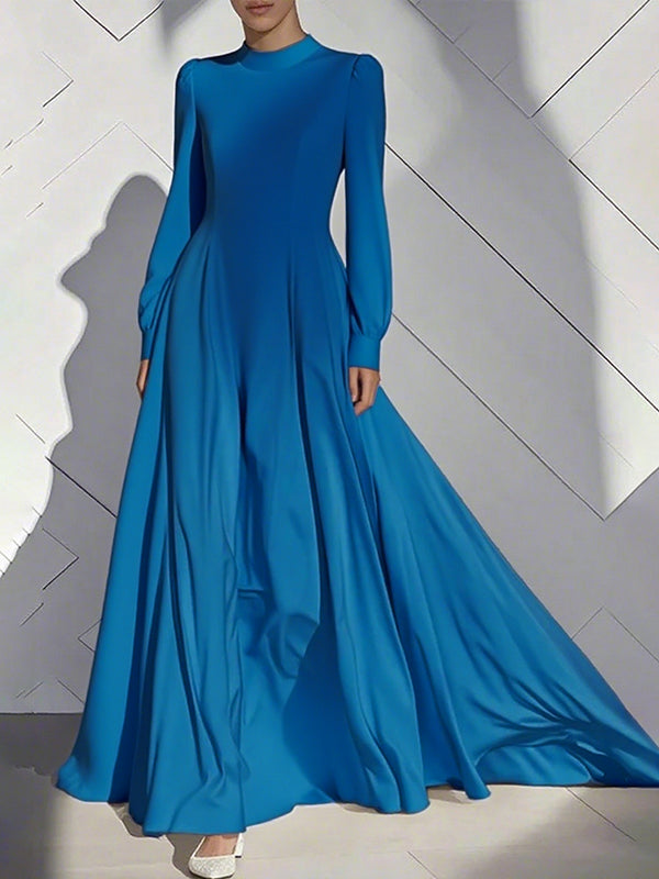A-Line High Waisted Pleated Solid Color Zipper Mock Neck Maxi Dresses