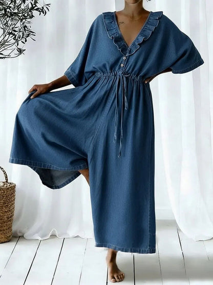 Solid Color Ruffle Trim Pockets Elasticity Drawstring Buttoned Wide Leg Loose V-neck Jumpsuits