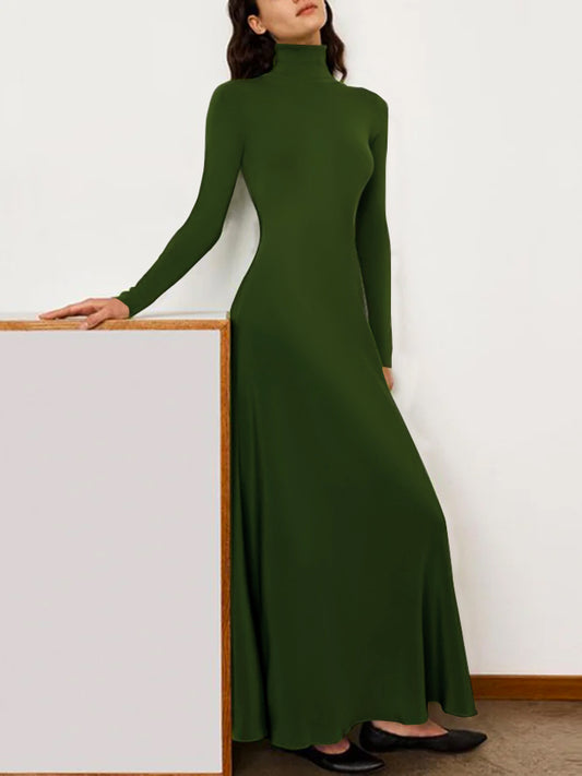 Long Sleeves Skinny Solid Color High Neck Maxi Dresses