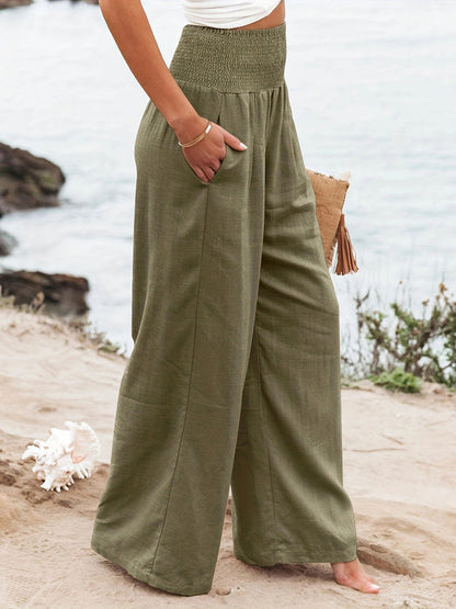 Elasticated Waist High Waisted Pleated Pockets Solid Color Split-Joint Pants