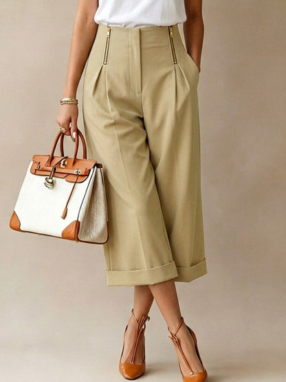 High Waisted Wide Leg Elasticity Pleated Pockets Solid Color Zipper Capri-Pants Cropped Trousers