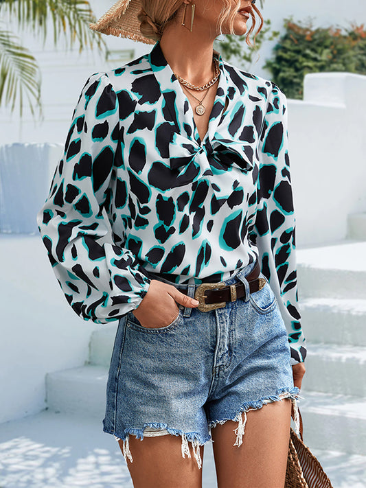 Bishop Sleeve Long Sleeves Elasticity Leopard Tied V-Neck Blouses&Shirts Tops