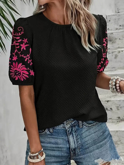 Loose Short Sleeves Bow-Embellished Contrast Color Split-Joint Round-Neck Blouses&Shirts Tops