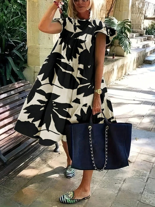 Loose Ruffle Sleeves Flower Print Pleated Round-Neck Midi Dresses