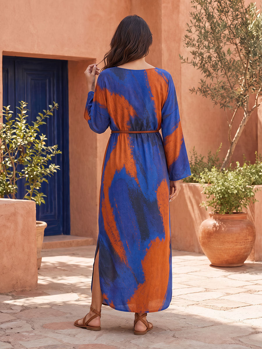 Tied Split-side Printed Contrast Color Loose Long Sleeves Round-neck Maxi Dresses