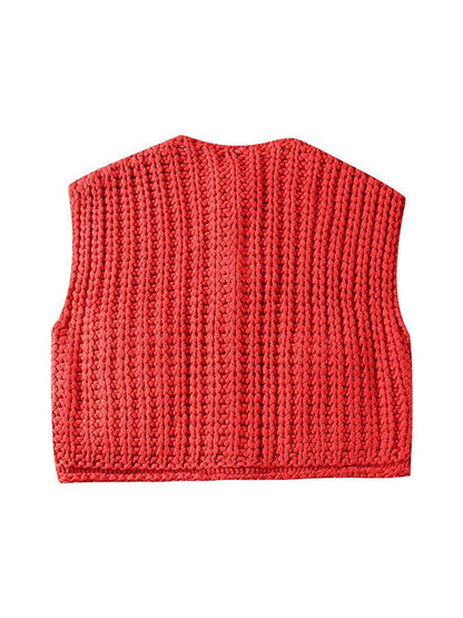 Sleeveless Buttoned Pockets Solid Color Cardigan Tops Knit Top