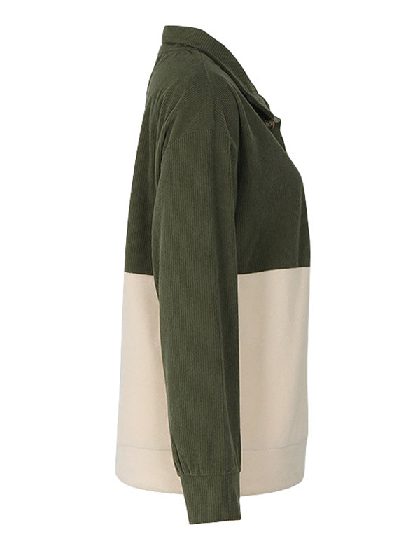 Long Sleeves Loose Buttoned Contrast Color Split-Joint Stand Collar Sweatshirt Tops