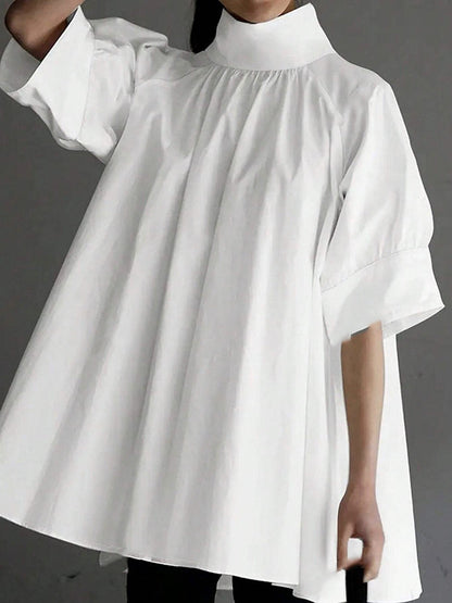 Half Sleeves Loose Solid Color High Neck Blouses&Shirts Tops