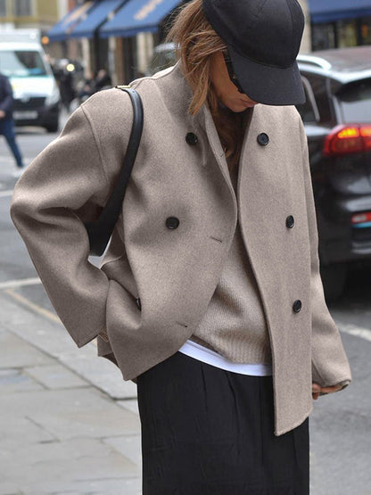 Long Sleeves Loose Buttoned Stand Collar Woolen Coat