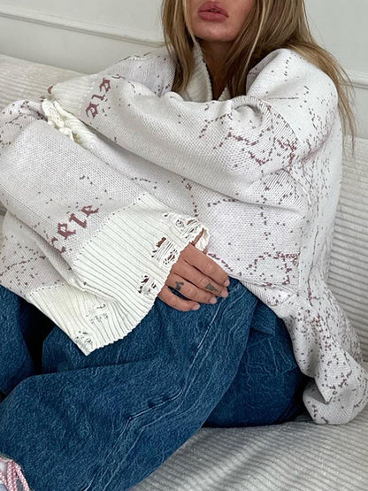 Long Sleeves Loose Hollow Knitted Letters Round-Neck Knitwear Pullovers Sweater Tops