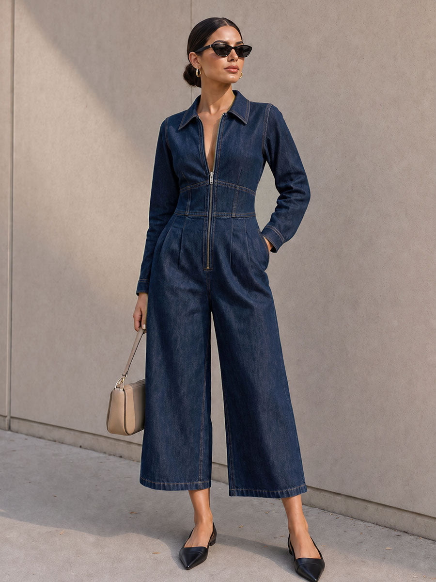 Zipper Split-Joint Solid Color Pockets Wide Leg Long Sleeves Lapel Jumpsuits