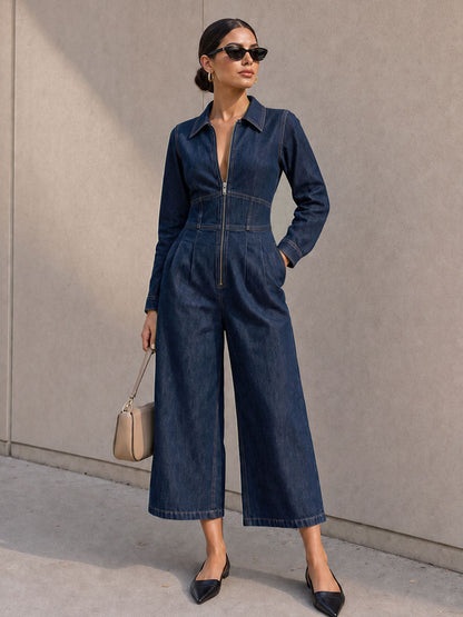 Zipper Split-Joint Solid Color Pockets Wide Leg Long Sleeves Lapel Jumpsuits