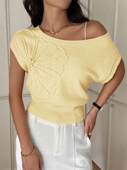 Short Sleeves Flower-Embellished Solid Color Split-Joint One-Shoulder Sweater Tops