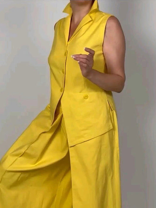 Sleeveless Solid Color Split-Joint Lapel Vest Top