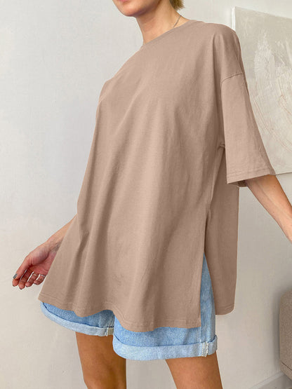 Loose Short Sleeves Solid Color Split-Side Round-Neck T-Shirts Tops