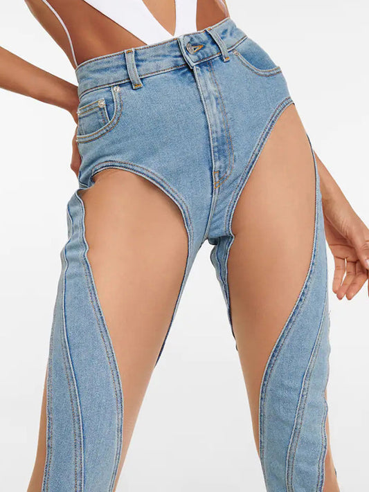 High Waisted Gauze Split-Joint Split-Side Jean Pants Bottoms