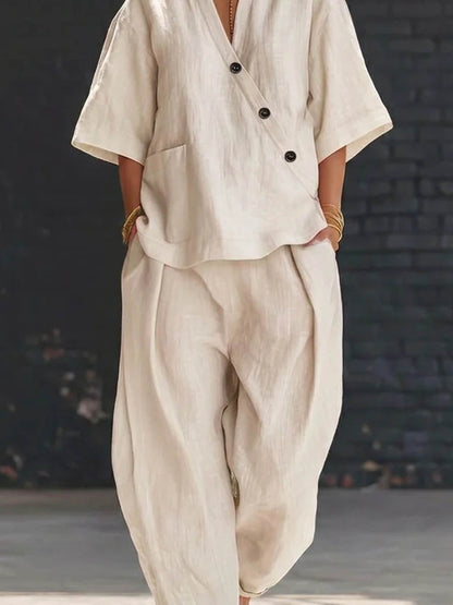 Loose Solid Color V-Neck Asymmetric Buttoned Blouses&Shirts Tops + High Waisted Pockets Pants Trousers Two Pieces Set