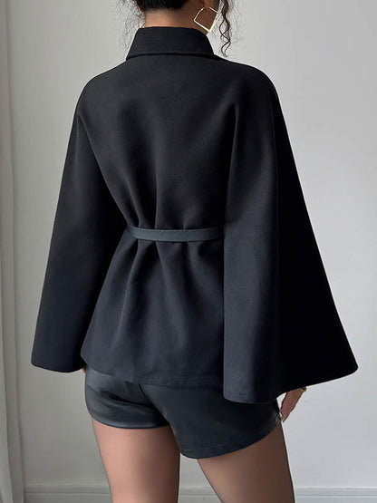 Batwing Sleeves Long Sleeves Belted Buttoned Solid Color Lapel Overcoat