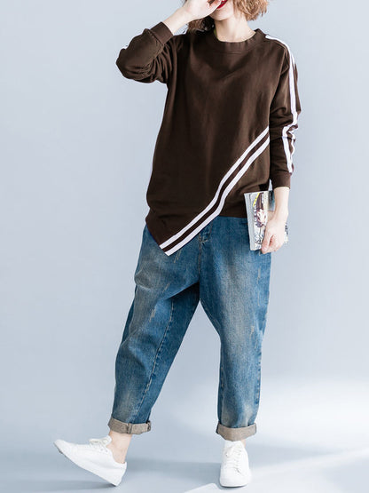 Cropped Long Sleeves Striped Round-Neck Hoodies&Sweatshirt
