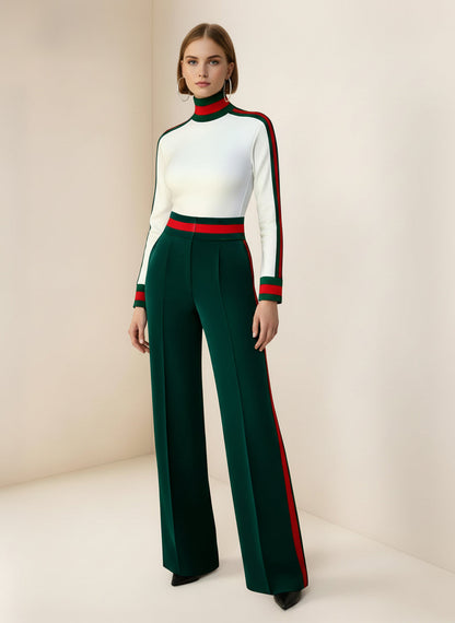 Loose Wide Leg Contrast Color Pockets Split-Joint Striped Pants