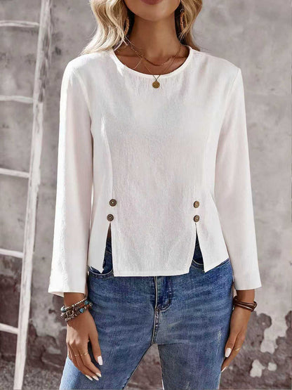 Long Sleeves Buttoned Solid Color Split-Front Round-Neck T-Shirts Tops