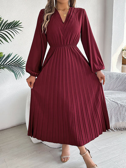 A-Line High Waisted Elasticity Pleated Solid Color V-Neck Maxi Dresses