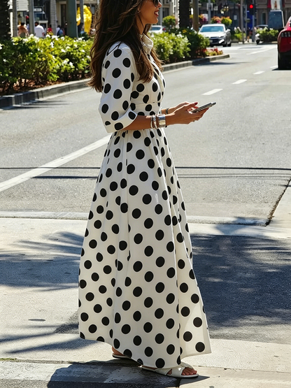 A-Line Half Sleeves Buttoned Contrast Color Elasticity Polka Dot Lapel Maxi Dresses Shirt Dress