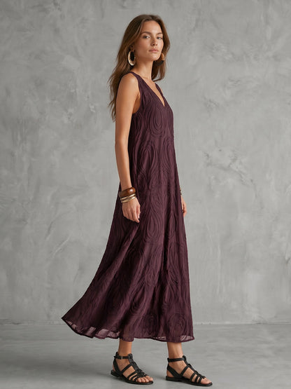A-Line Loose Jacquard Solid Color V-Neck Midi Dresses
