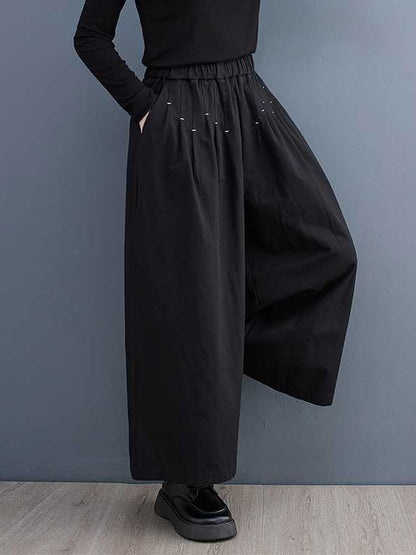 Loose Wide Leg Elasticity Embroidered Pleated Ninth Pants Trousers