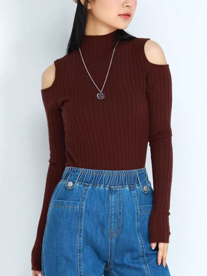 Long Sleeves Skinny Hollow Solid Color Mock Neck Knitwear Pullovers Sweater Tops