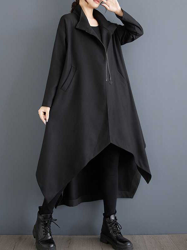High-low Long Sleeves Pockets Solid Color Split-Joint Zipper Stand Collar Outerwear