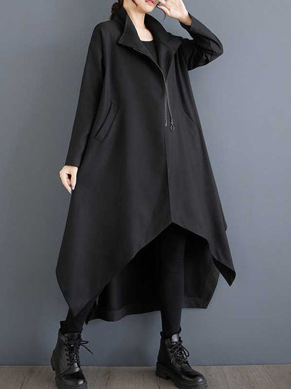 High-low Long Sleeves Pockets Solid Color Split-Joint Zipper Stand Collar Outerwear