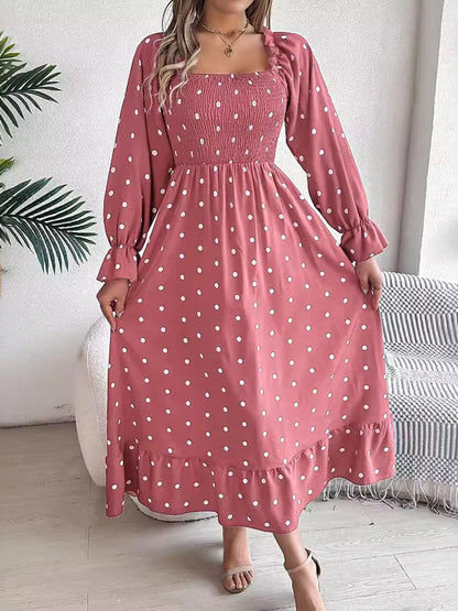 High Waisted Long Sleeves Pleated Polka Dot Ruffled Square-Neck Maxi Dresses Shirt Dress