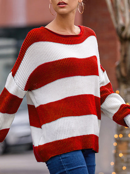 Long Sleeves Loose Contrast Color Striped Round-Neck Pullovers Sweater Tops