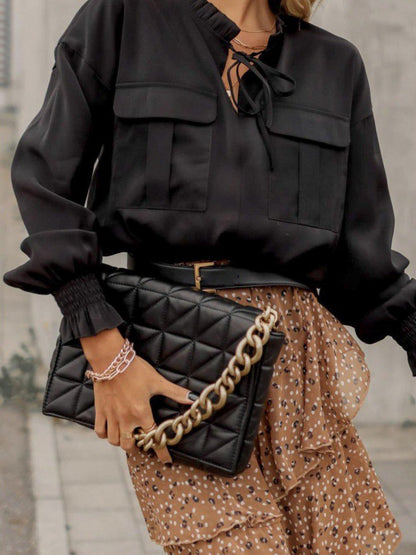Long Sleeves Loose Hollow Lace-Up Pleated Solid Color Split-Joint V-Neck Blouses