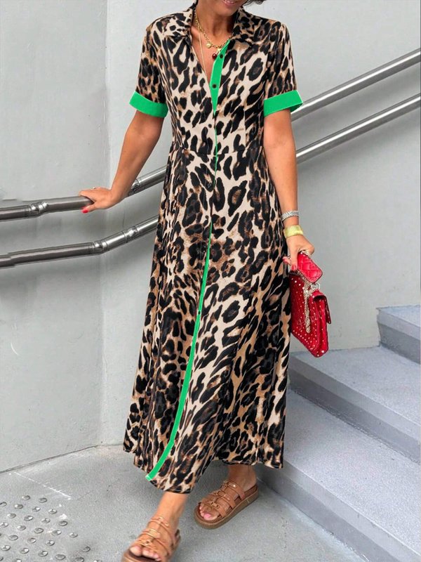 Loose Short Sleeves Buttoned Contrast Color Leopard Lapel Maxi Dresses Shirt Dress
