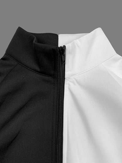Loose Puff Sleeves Contrast Color Split-Joint Stand Collar Outerwear