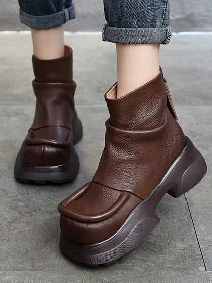 Platform Round-Toe Solid Color Zipper Boots