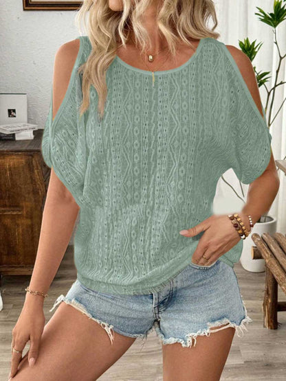 Loose Short Sleeves Solid Color Split-Joint Textured Cold Shoulder Blouses&Shirts Tops