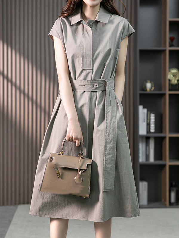 Plus Size Short Sleeves Bandage Solid Color Lapel Midi Dresses