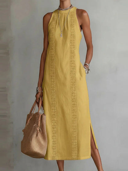 Sleeveless High-Waisted Pockets Printed Solid Color Halter-Neck Midi Dresses