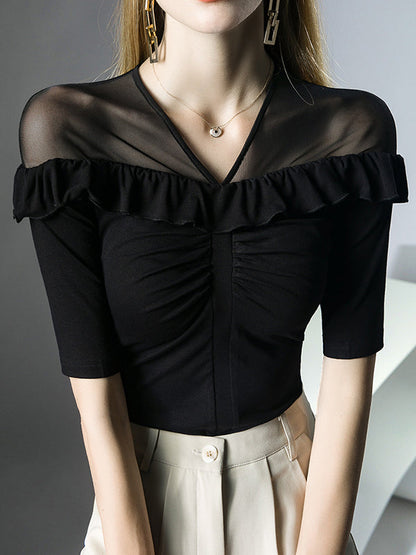 Half Sleeves Skinny Pleated Ruffle Trim Solid Color Split-Joint V-Neck T-Shirts Tops