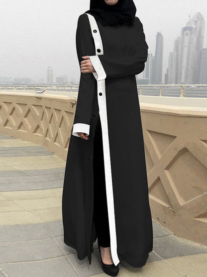 A-Line Long Sleeves Buttoned Contrast Color Split-Front Round-Neck Maxi Dresses