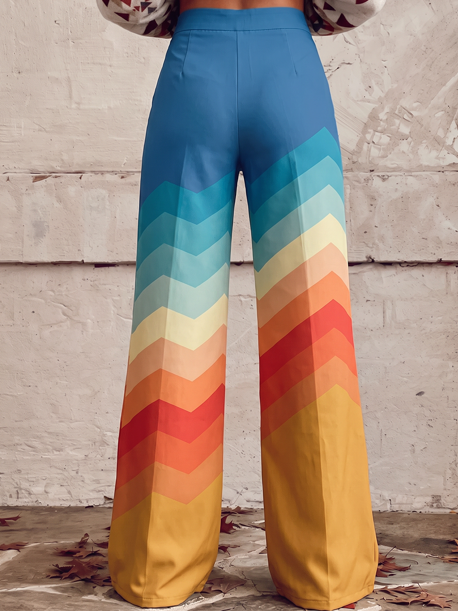 Printed Pockets Buttoned Wide Leg Plus Size Trousers Pants