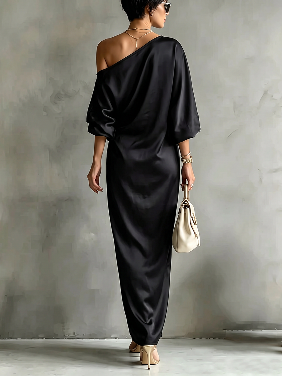 Pockets Flower Print Asymmetric Three-quarter Sleeves Loose One-shoulder Maxi Dresses